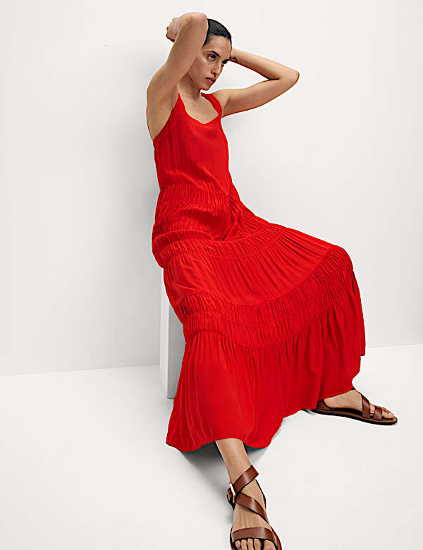 Square Neck Strappy Midi Tiered Dress - GR