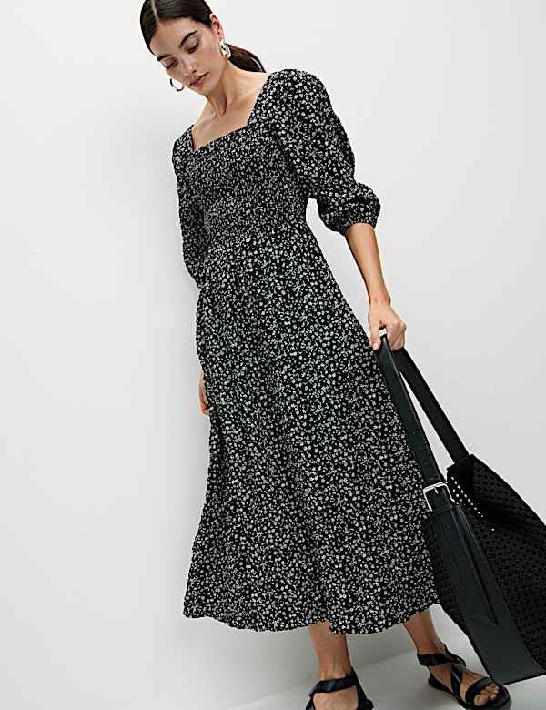 Floral Square Neck Midi Waisted Dress - TW