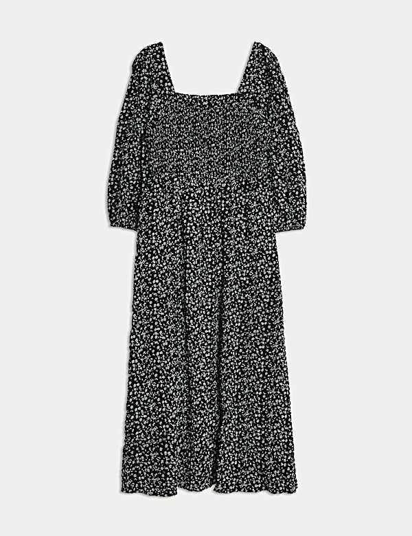 Vestido a la cintura a media pierna floral de escote cuadrado - ES