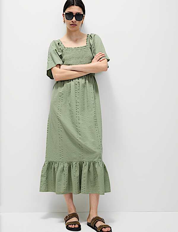 Vestido a la cintura maxi a media pierna 100% algodón con fruncido - ES