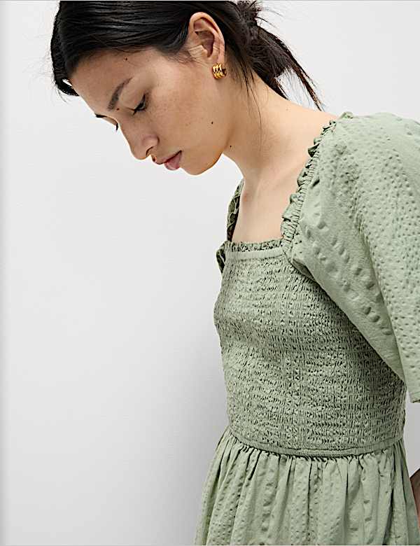 Pure Cotton Shirred Midaxi Waisted Dress - NL