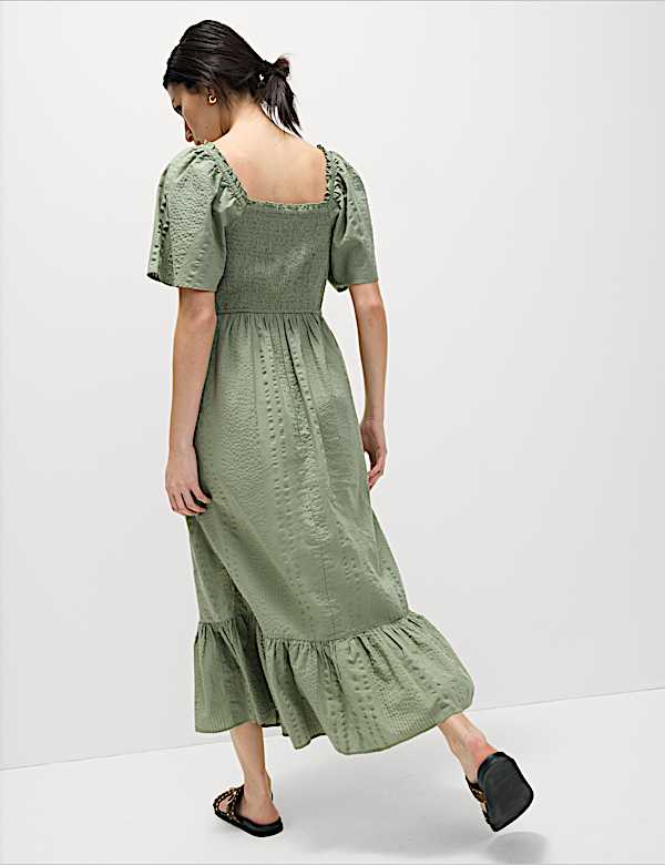 Pure Cotton Shirred Midaxi Waisted Dress - NL