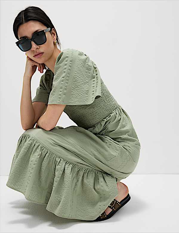 Pure Cotton Shirred Midaxi Waisted Dress - NL