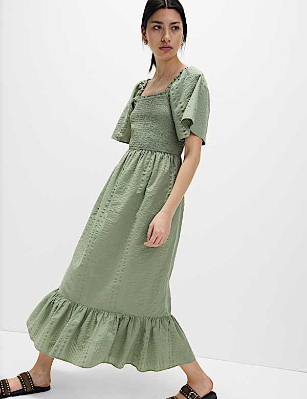 Pure Cotton Shirred Midaxi Waisted Dress - NL