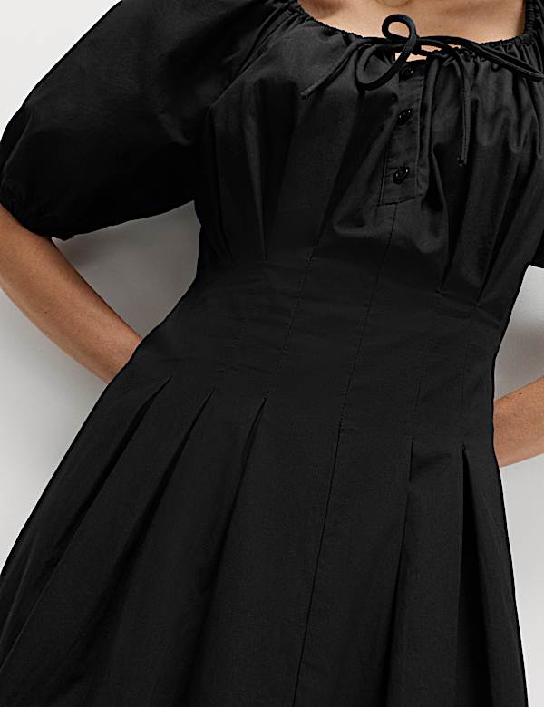 Pure Cotton Pleated Midi Waisted Tea Dress - PT