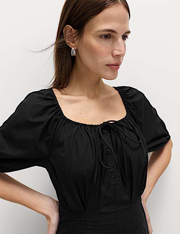 Pure Cotton Pleated Midi Waisted Tea Dress - PT