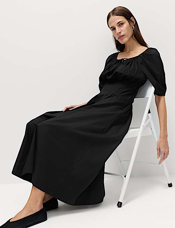 Pure Cotton Pleated Midi Waisted Tea Dress - PT