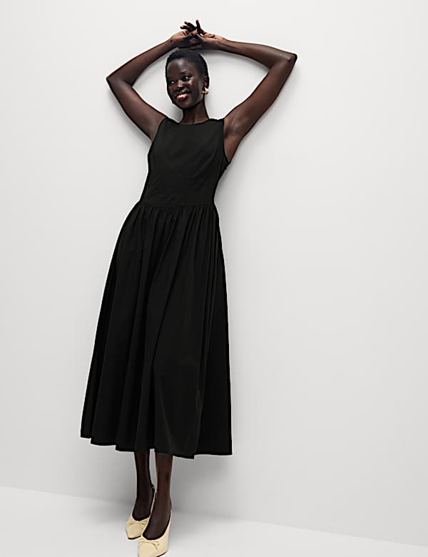 Pure Cotton Round Neck Midi Waisted Dress - RS