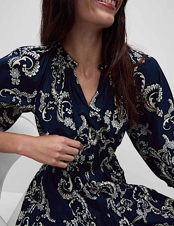 Pure Cotton Printed V-Neck Midi Waisted Dress