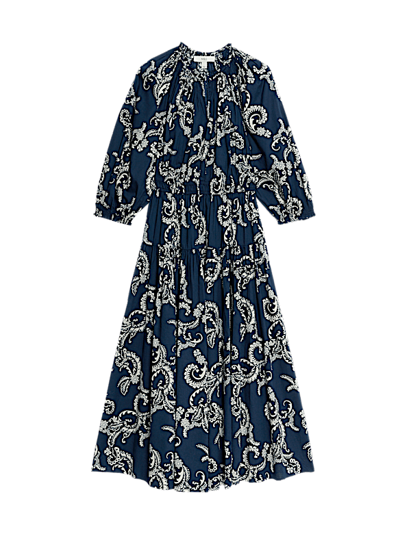 Pure Cotton Printed V-Neck Midi Waisted Dress