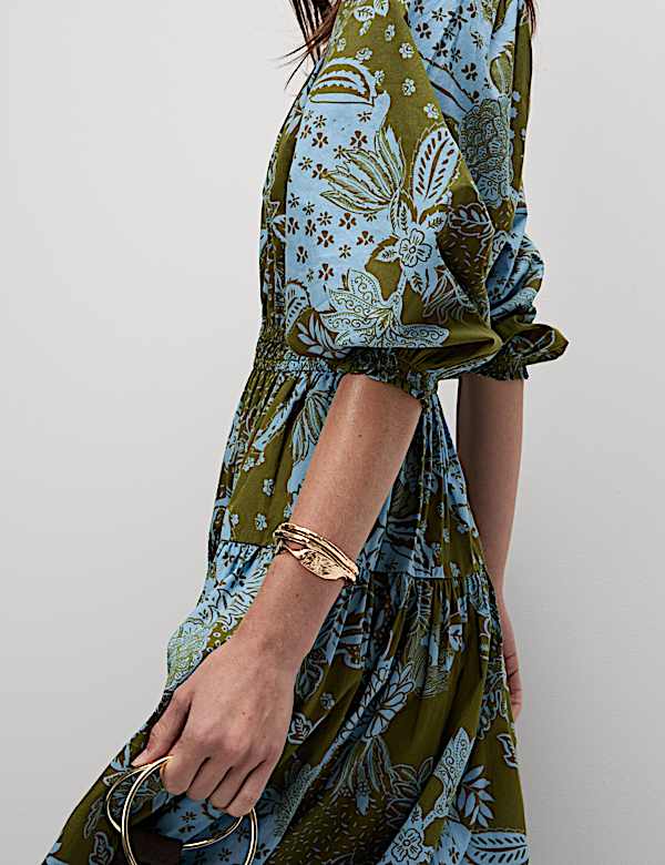 Pure Cotton Printed V-Neck Midi Waisted Dress