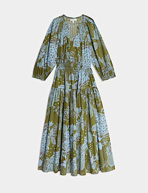 Pure Cotton Printed V-Neck Midi Waisted Dress - SE