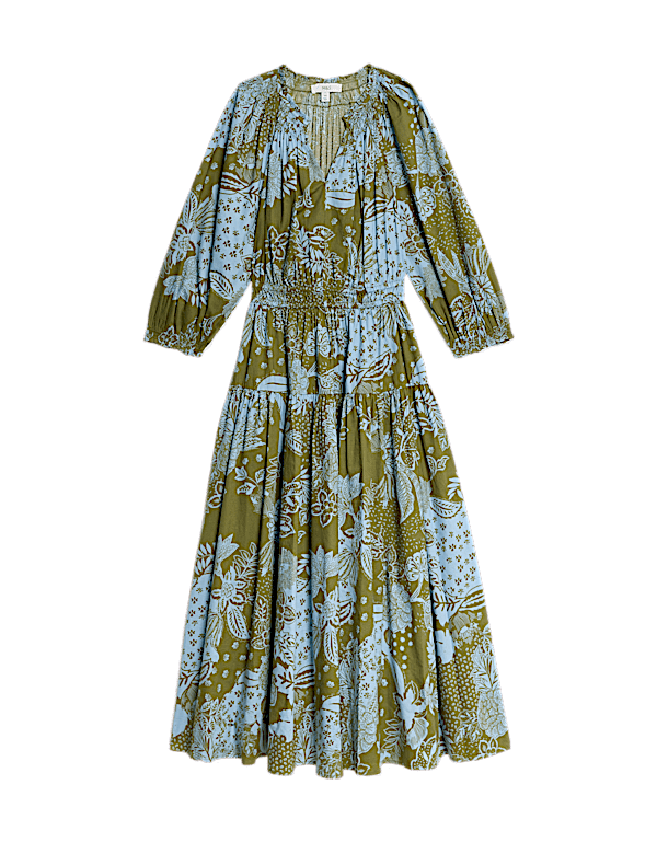 Pure Cotton Printed V-Neck Midi Waisted Dress