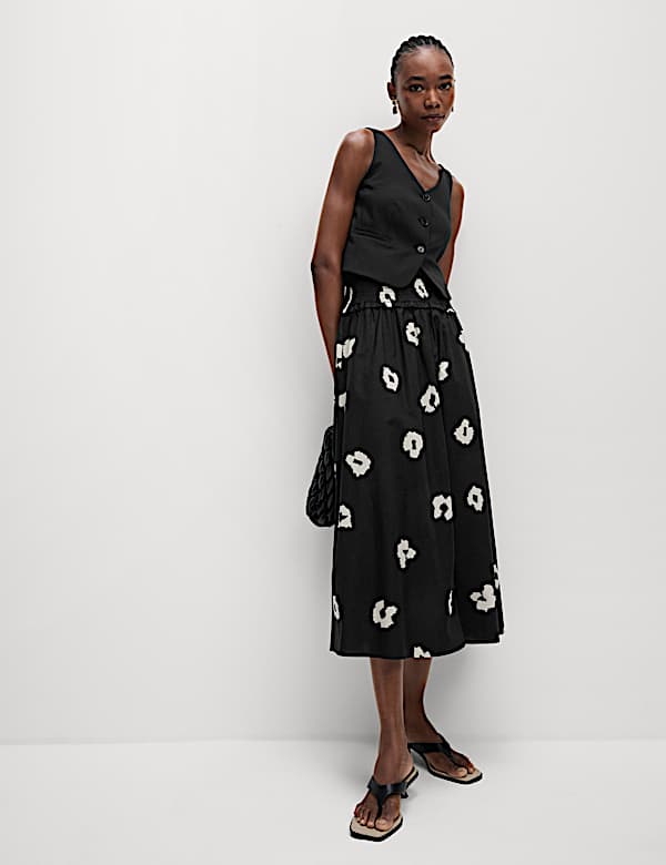 Pure Cotton Shirred Midi A-Line Skirt