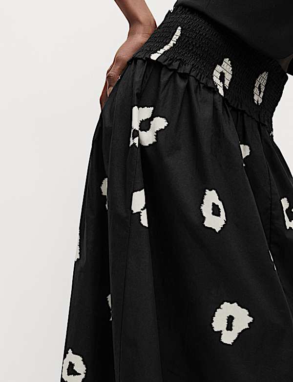Pure Cotton Shirred Midi A-Line Skirt