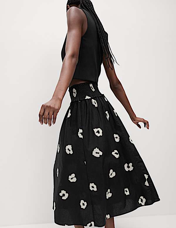 Pure Cotton Shirred Midi A-Line Skirt