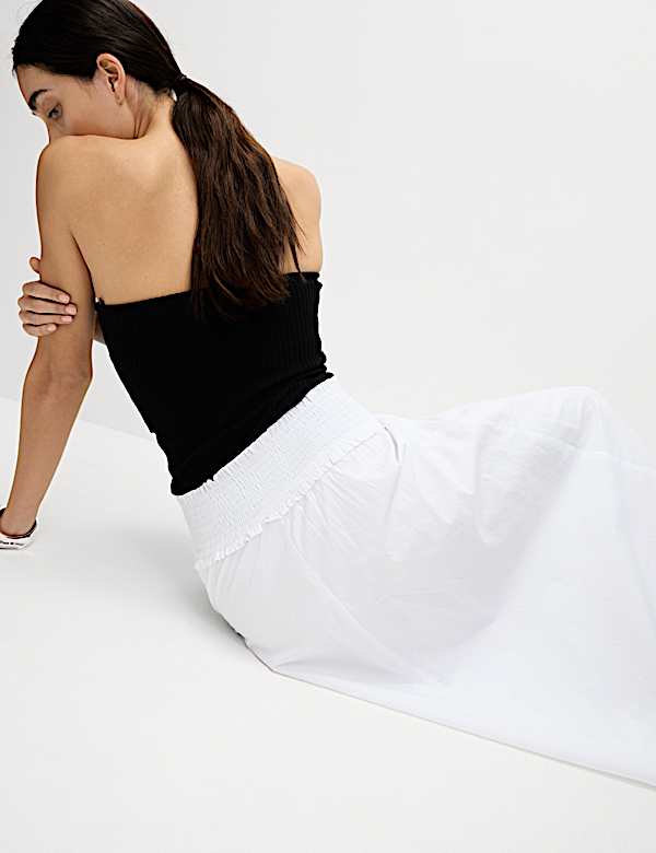 Pure Cotton Shirred Midi A-Line Skirt