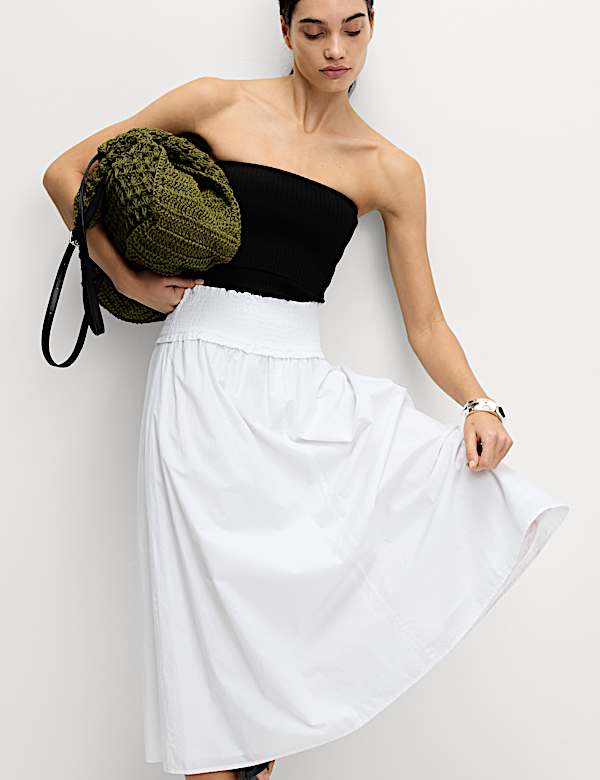Pure Cotton Shirred Midi A-Line Skirt
