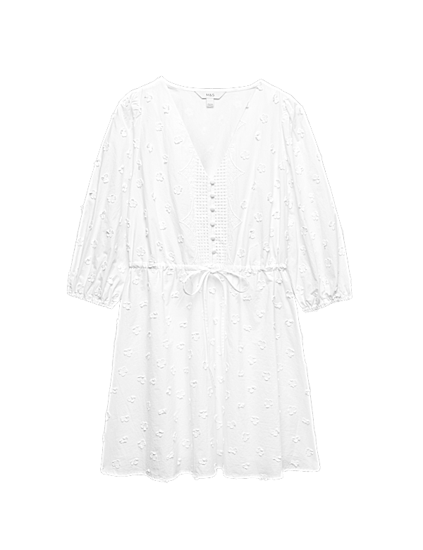 Pure Cotton Embroidered V-Neck Mini Waisted Dress