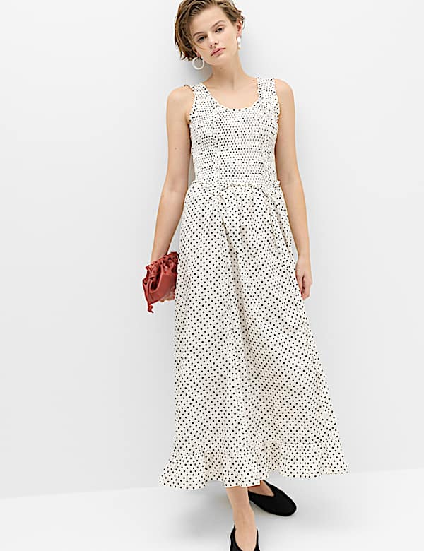 Pure Cotton Polka Dot Ruffle Midi Skater Dress