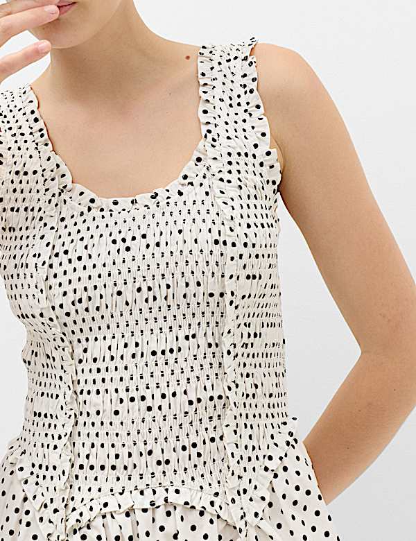 Pure Cotton Polka Dot Ruffle Midi Skater Dress