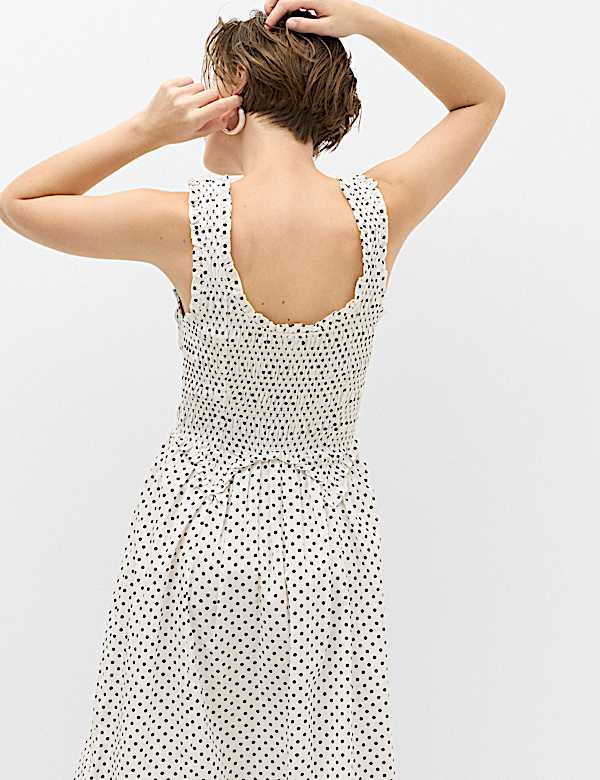 Pure Cotton Polka Dot Ruffle Midi Skater Dress