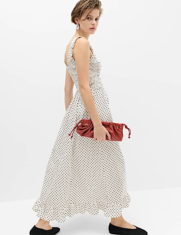 Pure Cotton Polka Dot Ruffle Midi Skater Dress