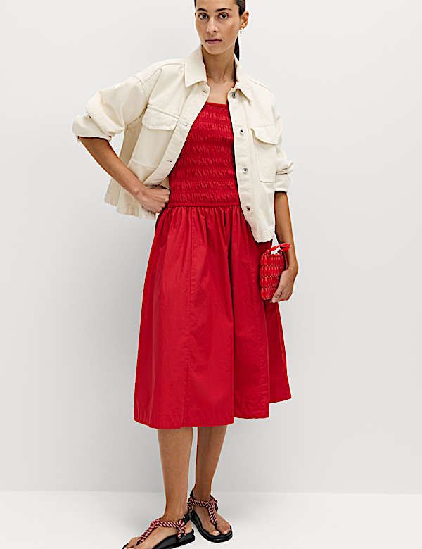 Pure Cotton Shirred Midi Cami Dress