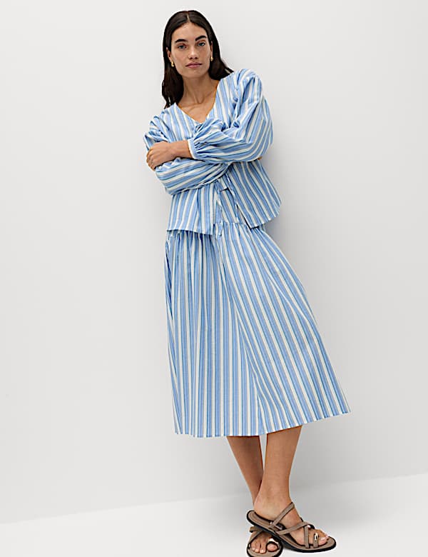 Falda midi a rayas con cintura baja 100 % algod&oacute;n - ES