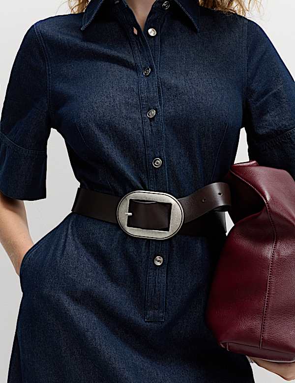 Denim Button Front Midi Shirt Dress - HU