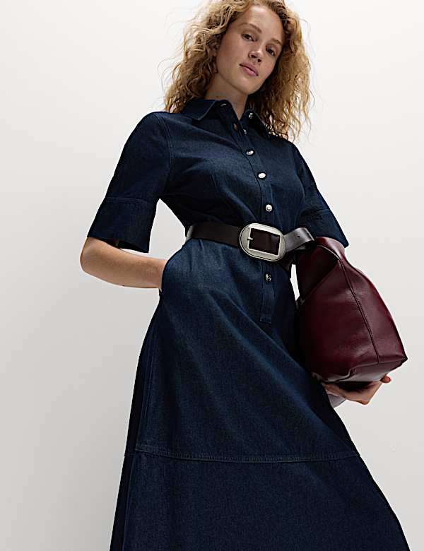 Denim Button Front Midi Shirt Dress - HU