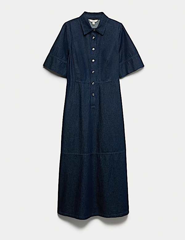 Denim Button Front Midi Shirt Dress - HU