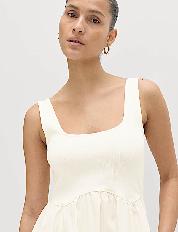 Cotton Rich Square Neck Midi Waisted Dress - AT