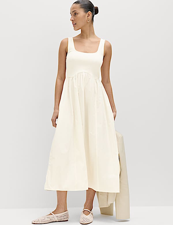 Cotton Rich Square Neck Midi Waisted Dress - AT