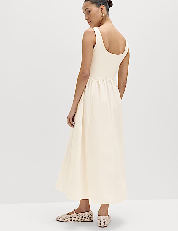 Cotton Rich Square Neck Midi Waisted Dress - AT