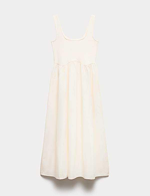 Cotton Rich Square Neck Midi Waisted Dress - AT