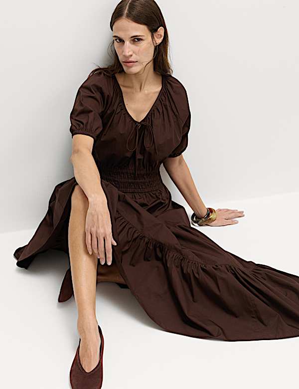 Pure Cotton Tie Detail Midaxi Waisted Dress - JP