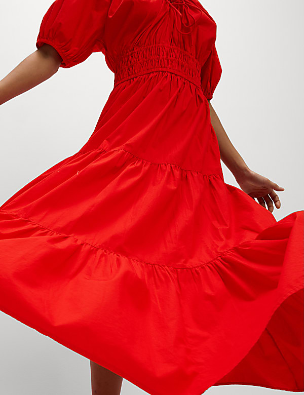 Pure Cotton Tie Neck Midaxi Waisted Dress