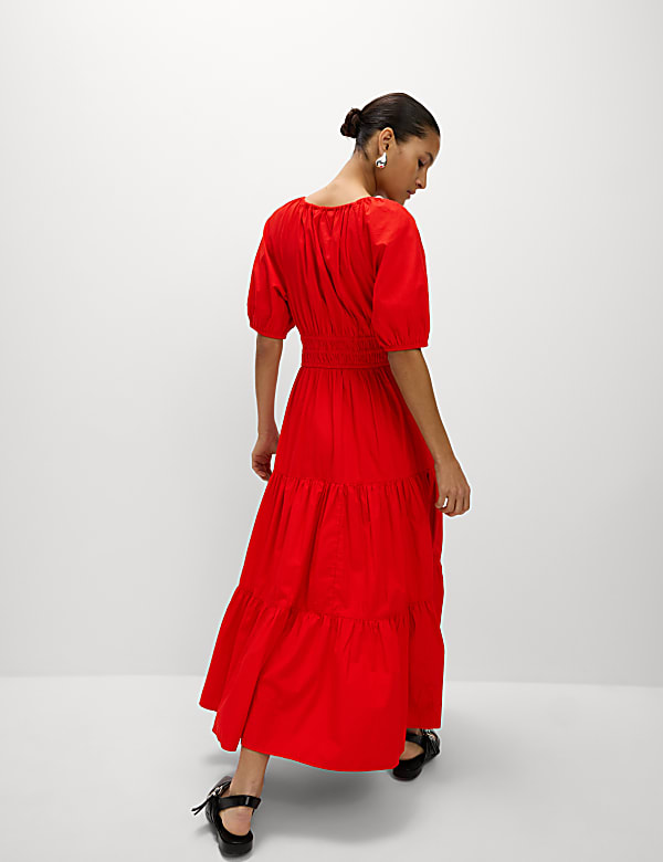 Pure Cotton Tie Neck Midaxi Waisted Dress
