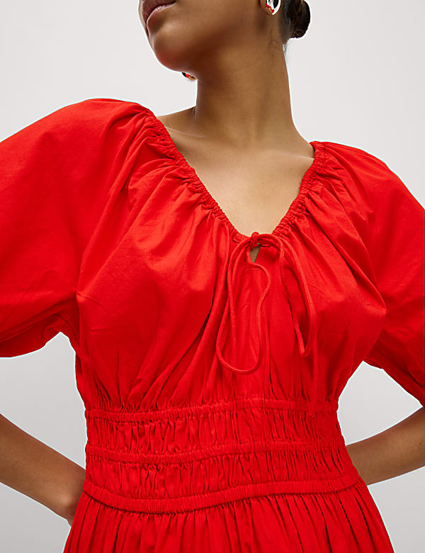 Pure Cotton Tie Neck Midaxi Waisted Dress