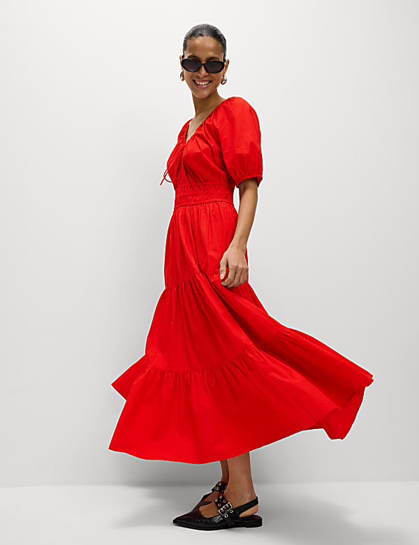 Pure Cotton Tie Neck Midaxi Waisted Dress