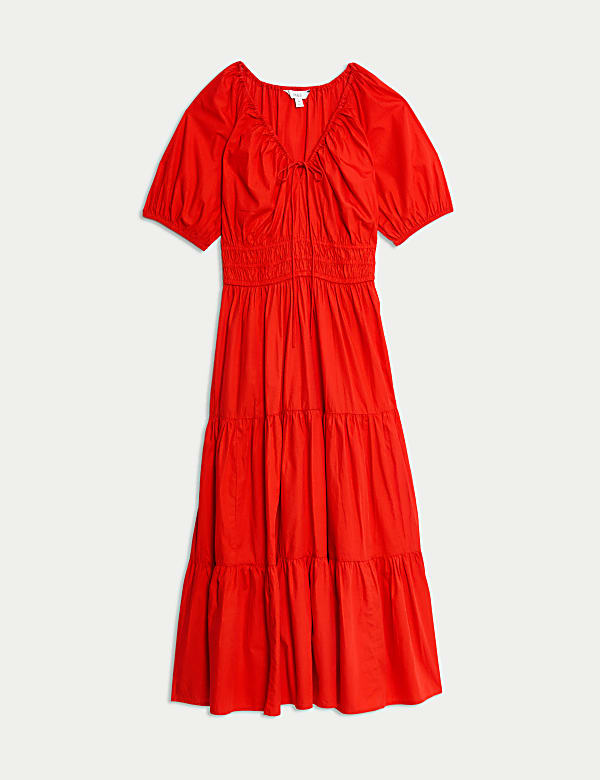 Pure Cotton Tie Neck Midaxi Waisted Dress - AU