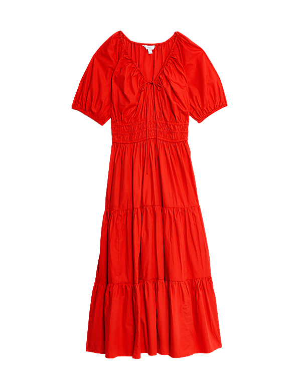 Pure Cotton Tie Neck Midaxi Waisted Dress