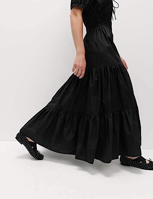 שמלת מידקסי מכותנה מלאה עם מותן וקשירה בצוואר - IL