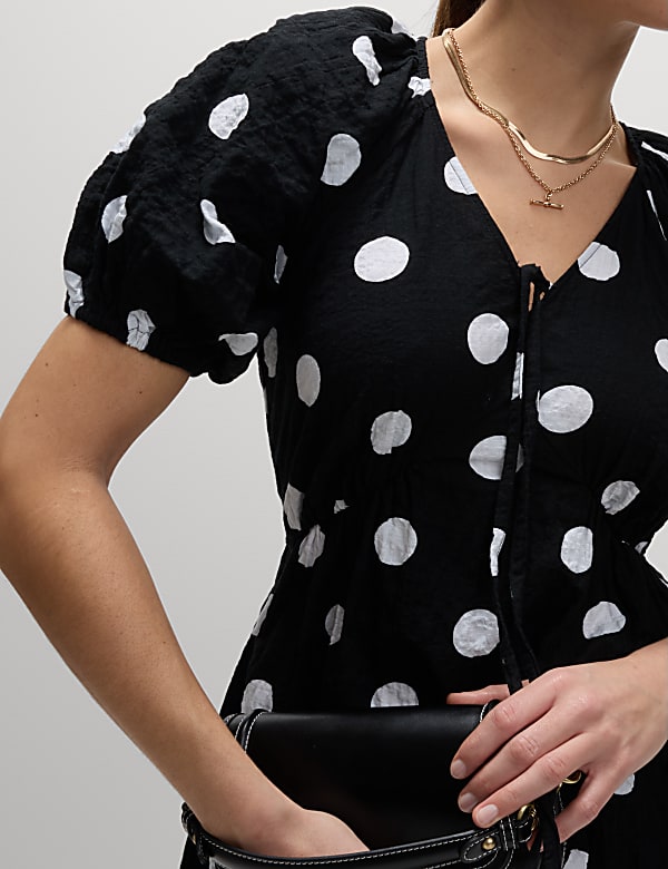 Robe midi à taille ajustée en coton à motif pois - CH