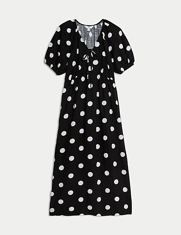 Robe midi à taille ajustée en coton à motif pois - CH