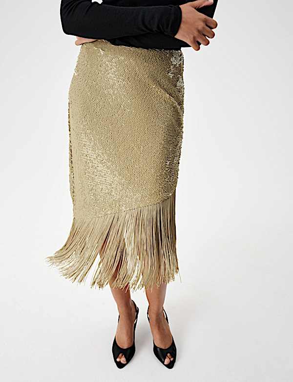 Sequin Asymmetric Fringe Skirt - AT