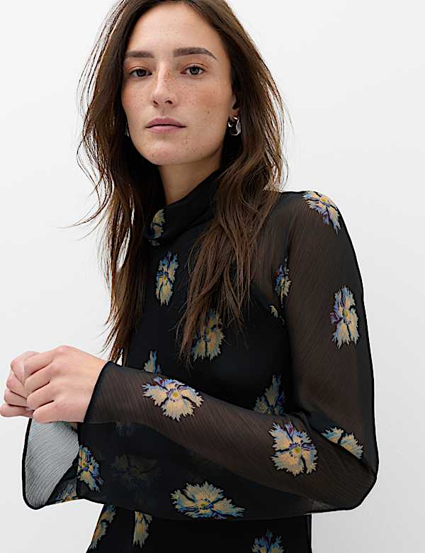 Chiffon Floral High Neck Midaxi Column Dress - CN
