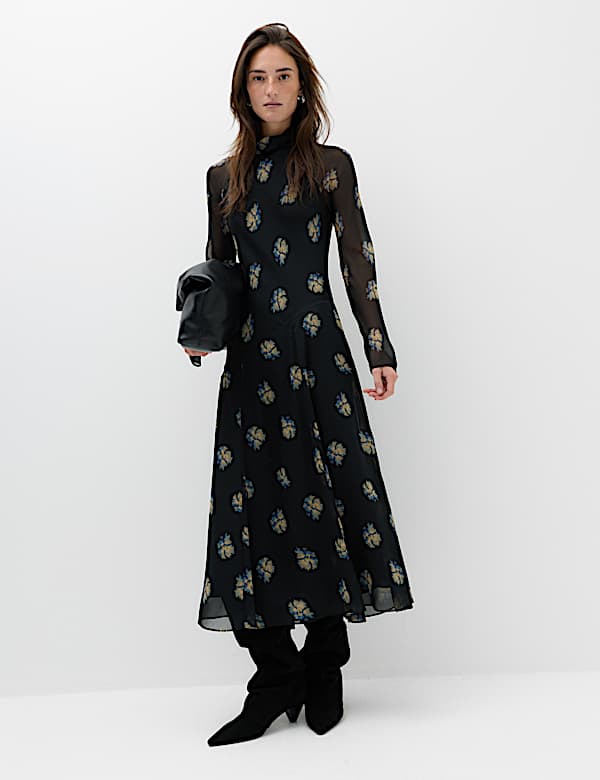 Chiffon Floral High Neck Midaxi Column Dress - CN