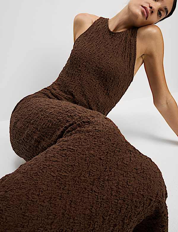 Robe midi coupe droite en coton et jersey à motif texturé - BE